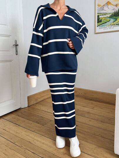 EURMUSE Women Stripe Pattern Collar Neck Drop Shoulder Pullover & Sweater Skirt Set