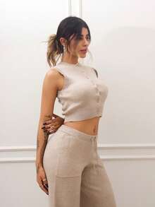 Rayane Ketlyn Knitted Button Through Sweater Vest Spring Y2K 90's Casual Cute Airport Holiday Summer Fall Back To School Autumn Winter Everyday Christmas Work Office Party - Khaki - View 1