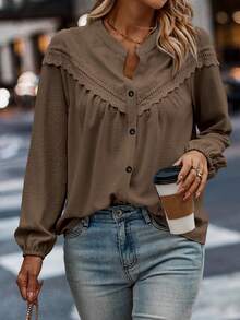 SHEIN LUNE Plus Size Solid Color Front Button Lace Patchwork Casual Long Sleeve Shirt - Coffee Brown - View 3