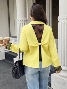 Easura Blus Patchwork Renda Transparan Elegan Ukuran Plus untuk Komuter - Kuning - View 7