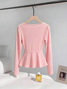 Franclia French Style Long Sleeve Slimming Waist Long Sleeve T-Shirt, Autumn - Pink - View 2