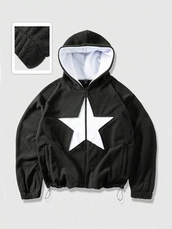 Street Life بلوفر رجالي كاجوال يومي مطرز بنجوم، سحاب أمامي، موسم الخريف/الشتاء