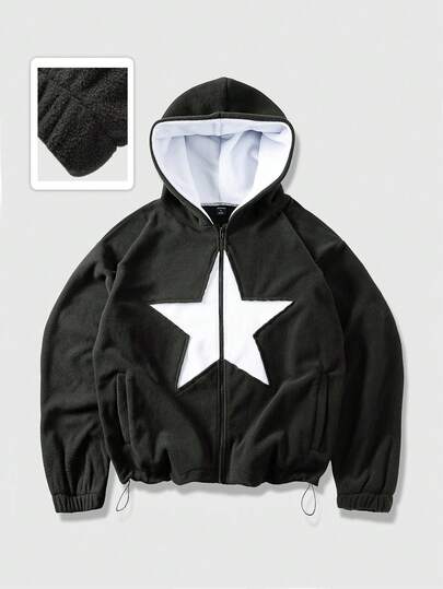 Street Life بلوفر رجالي كاجوال يومي مطرز بنجوم، سحاب أمامي، موسم الخريف/الشتاء