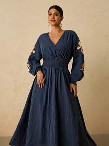 Travachic Váy chữ A tay dài màu xanh navy cỡ lớn cho nữ, váy thêu hoa, váy cotton pha trộn thời trang thu/đông - Màu xanh hải quân - Xem 4