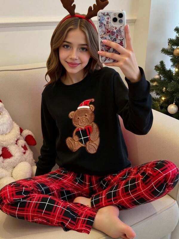 SHEIN 2pcs Young Girl Cute Bear Embroidered Round Neck Long Sleeve Top And Plaid Straight Leg Pajama Pants Casual Sleepwear Set