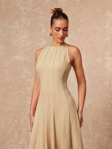 Lumalex 女士V领收腰连衣裙，搭配宽松喇叭裙摆 - 卡其色 - 查看 6