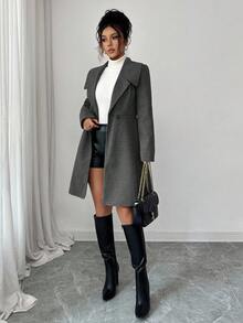 SHEIN PETITE Áo khoác len dài tay ôm sát, cổ bẻ, dáng xòe, thời trang thu/đông cho nữ - Màu xám đen - Xem 6