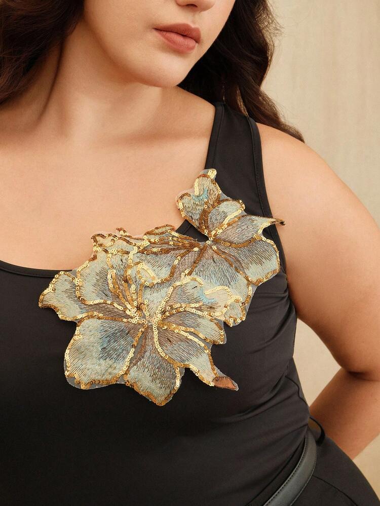 Women's New Sleeveless Sequin & Beaded 3D Floral Knit Top, Elegant T-Shirt