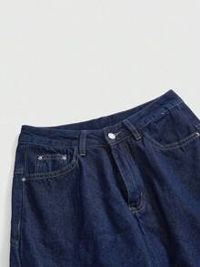 ROMWE Grunge Punk Y2K Baddie Chilling Star Print Ultra Low Waist Loose Straight Leg Jeans - Navy Blue - View 3