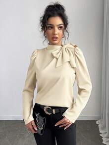 Rafferiza Damen Einfarbige elegante vielseitige Bluse mit Krawattenkragen und Puffärmeln