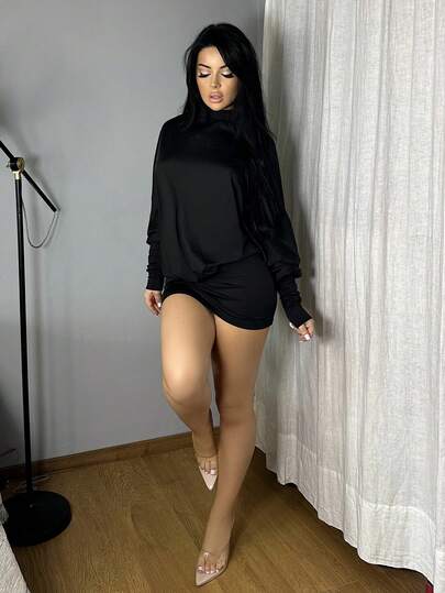 Vassilux Fashionable High Neck Batwing Sleeve Open Back Bodycon Mini Dress For Women,Summer Dresses For Women,Backless Dress