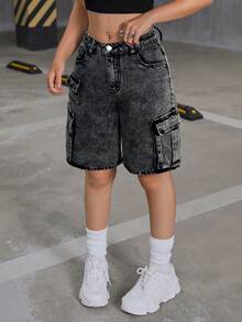 SHEIN Teen Girls Y2K Fashionable Low Waist Flap Pocket Baggy Denim Cargo Jeans Shorts,Teen Girl Back To School Clothes Outfits - Black - View 5