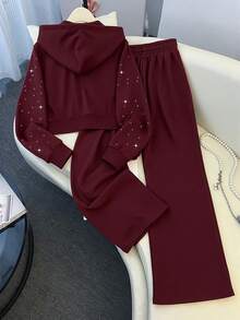 GlowEve 女士时尚休闲水钻拉链连帽衫和运动裤两件套，抽绳连帽拉链宽松长袖外套和高腰抽绳直筒宽松运动裤 - 酒紅色 - 查看 3