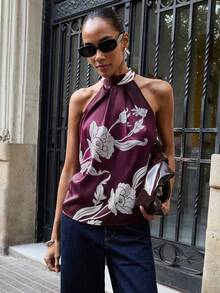 Maija 女士优雅通勤印花露背吊带上衣，夏季圣诞新年海滩度假红色上衣，节日社交上衣