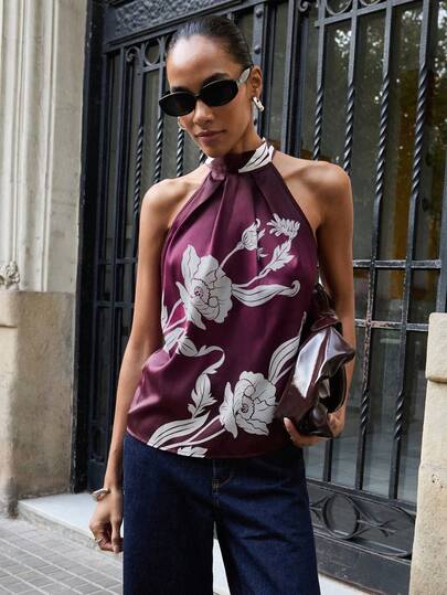 Maija 女士优雅通勤印花露背吊带上衣，夏季圣诞新年海滩度假红色上衣，节日社交上衣