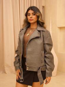 Rayane Ketlyn 复古水洗 PU 皮革翻领宽松摩托车夹克 - 深灰色 - 查看 5