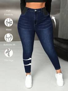 SHEIN Lady 大码女式高腰口袋修身休闲牛仔裤 - 深色水洗藍 - 查看 1