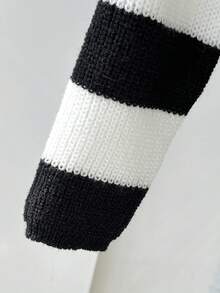 SHEIN Tween Girl Thick Knit Long Sleeve Sweater, Fashionable & Minimalist, Autumn/Winter Cropped Sweater Aesthetic Striped Sweater Cute Sweater Autumn Winter Sweater Jumper - Black and White - View 6