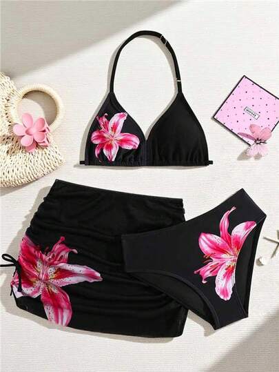 SHEIN 少女三件套比基尼，可爱针织网布面料，黑色底粉色碎花图案，时尚休闲优雅泳装，适合游泳、度假、夏季穿着。