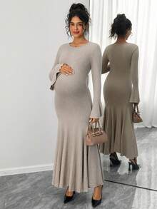 SHEIN Elegant Maternity Dress With Stretchy Fabric, Mermaid Hem And Ruffle Sleeves - Khaki - View 4