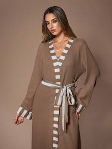 Lazeform 3pcs Women Sleepwear Pajama Set: Striped Print Long Sleeve Robe, Fitted Camisole, And Long Pants, Casual American Style, Fall & Winter Clothes - Brown - View 2