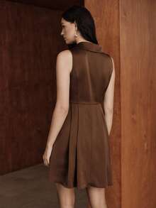 Uhlyne Women's Spring/Summer/Autumn/Winter New Elegant Luxury Suit Dress For Banquets, Girlfriends' Gatherings, Partys, And New Year's Eve - Sleeveless Lace-Up Bow Dress With Pleated Waist And A-Line Satin Flow - Mocha Brown - View 4