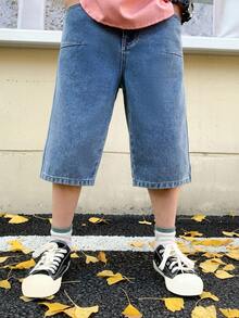 SHEIN 青少年男孩时尚休闲拼接细节设计蓝色圆锥形宽松舒适基本款日常简约牛仔短裤，适合青少年男孩服装、男孩日常穿着、青少年男孩春夏派对装、节日装和海滩装。