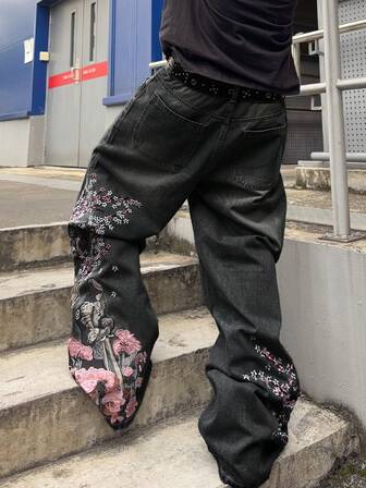 Street Life Jeans ampi con ricamo floreale da uomo