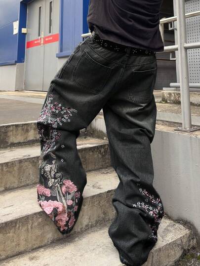 Street Life Jeans ampi con ricamo floreale da uomo