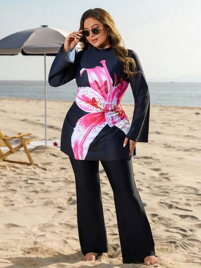 Swim Mulvari Holiday Beach Vacation Middle Eastern Conservative Printed Long Sleeve Swimsuit & Long Swim Trunks, Plus Size Burkini