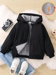 SHEIN Áo khoác trùm đầu cỡ lớn lót dày giữ nhiệt thường ngày cho bé trai, thích hợp đi học, đi nghỉ, du lịch, chơi thể thao vào mùa thu/đông - màu đen - Xem 4
