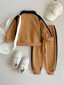 PrepCrw 2pcs/Set Boys' Collegiate Style Letter Print Contrast Color Polo Collar Long Sleeve Sweatshirt And Sweatpants Set - Khaki - View 2