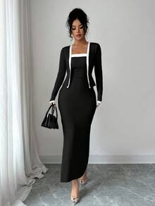 SHEIN Elenzya 两件套女士优雅撞色长袖开衫吊带裙套装，适合派对、家庭聚会、圣诞节、万圣节、情人节、新年、通勤和日常休闲穿着，秋冬季 - 黑色 - 查看 7
