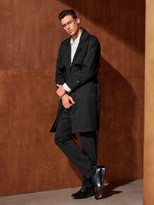 Officeau 春秋新款宽松中长款男士双排扣风衣，时尚防风外套，绅士优雅潮流街头风外套，复古富贵春夏款 - 卡其色 - 查看 5