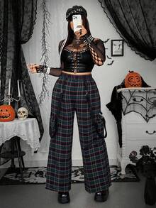 Whyspr 大码女式万圣节格子阔腿朋克休闲工装裤 - 墨綠色 - 查看 6