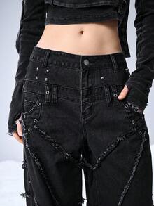 ROMWE EDITION Jeans de mujer con cintura acampanada y talle bajo desgastados - Negro - Ver 6