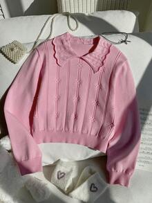 SHEIN Tween Girls Casual Long Sleeve Pullover Sweater, Autumn/Winter - Dusty Pink - View 1
