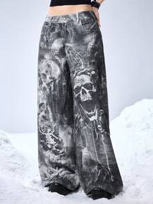 ROMWE EDITION 女士深色骷髅印花直筒牛仔裤 - 黑色 - 查看 5