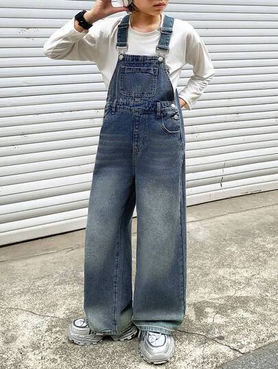 SHEIN Little Byeori Tween Boy Fashion Casual Y2k Vintage Cool Street Blue Gradient Washed Loose Overalls Jeans For Kids Clothes Tween Boy Dailywear And Kids Winter And Fall Rave Outfits Festival And Outfits Streetwear Clothes