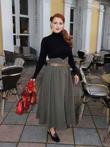 Gretanique 军绿色高腰金属扣半身裙（配腰带） - 軍綠色 - 查看 5