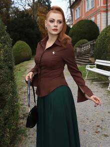 Gretanique Casual/Commuter Embroidered Fitted Women Blouse Fall Cloth For Women - Coffee Brown - View 5
