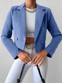 SHEIN Cottnline Women's Solid Color Long Sleeve Two-Button Short Casual Blazer - Blue - View 4