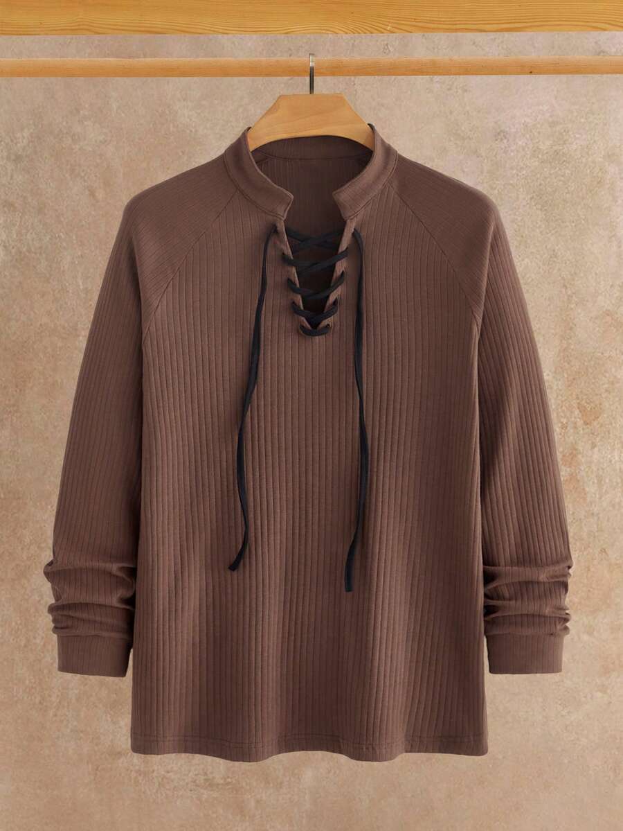 Manfinity NXTstreet Áo thun dệt kim dài tay buộc dây màu trơn dành cho nam - Cà phê nâu - Xem 1