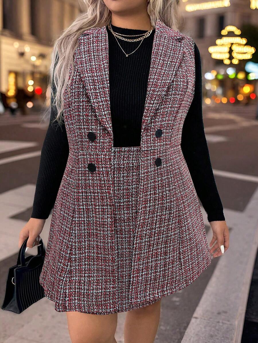 SHEIN LUNE Plus Size Plaid Collar Double-Breasted Coat And Skirt Set - Red - View 1