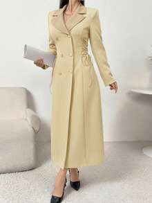 Modelyn Women's Elegant Commuter Lapel Neck Double-Breasted Side Tie Jacket, Autumn - Khaki - View 5