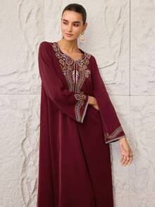 SHEIN Najma Váy dự tiệc tay loe thêu họa tiết Ả Rập thanh lịch dành cho nữ - Màu Đỏ Sâu - Xem 5