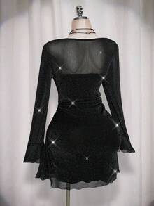 SHEIN ICON Plus Size Ladies Party Outfit Retro Suitable For Date, Shiny Silk Pleated Mini Dress - Black - View 7