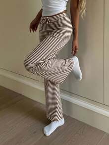 Tween Girls Casual Matching Navy Blue & White Striped Bow Decor Halter Wide Leg Pants Set - Brown - View 8