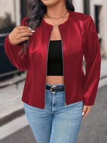 SHEIN LUNE Plus Size Casual Solid Color Cropped Bomber Jacket, Suitable For Autumn Fall Winter Cloth For Women - Red - View 6