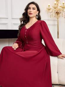 Modelyn 大码V领长袖水钻装饰连衣裙 - 酒紅色 - 查看 5